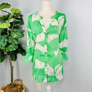 NWT Alex & Parker Green Relaxed Fit Button Down Ruffle Metallic Detail Blouse